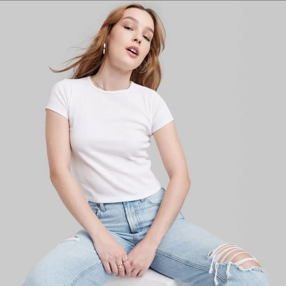 2 Tops $8 Wild Fable Classic White Short Sleeve Tee Cropped Length